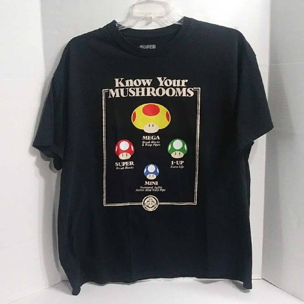 Super Mario Know Your Mushrooms Black & Yellow Men's Graphic T-Shirt *EUC* - Picture 1 of 8